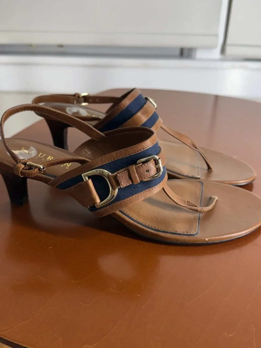 Lauren Ralph Lauren Stap Back Sandle With 2” Heel Navy & Brown Leather 9.5B